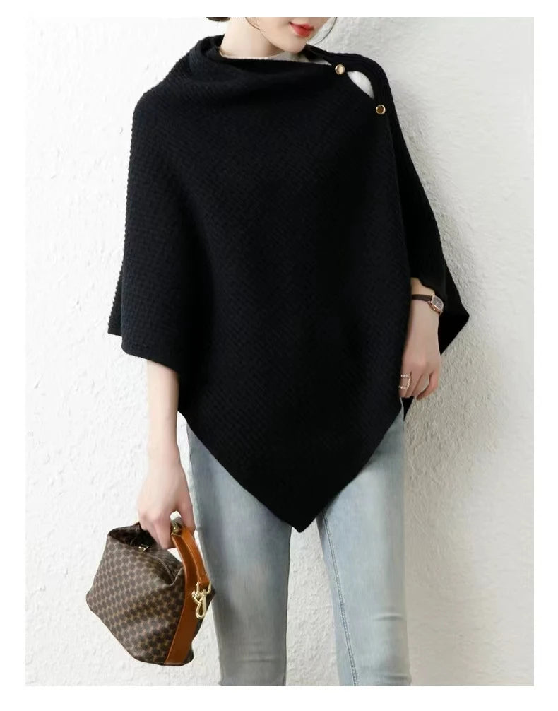 Warm Knitted Plain Color Scarf Thick Single Breasted Wool Shawl Wrap Women Cape Open Side Woven Cardigan Poncho Stole