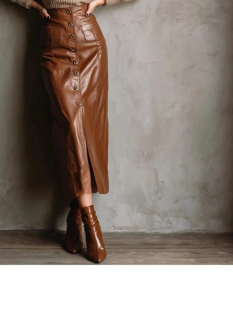 New Autumn And Winter PU Leather Women's Skirt Sexy Button Slit Slim High Waist Long Hip Cover Skirt Casual Womens Clothing