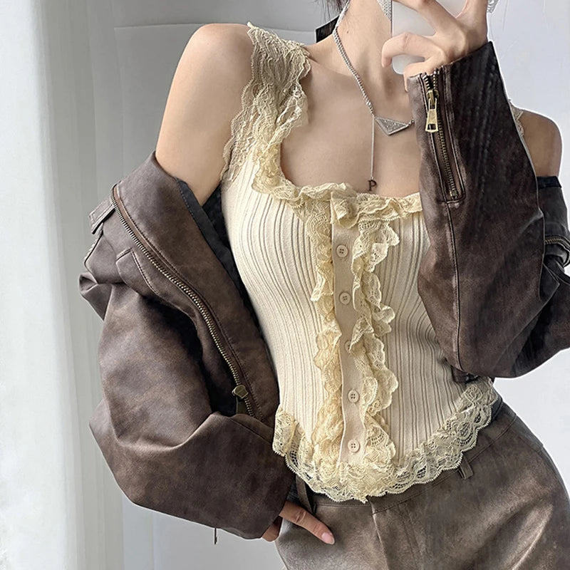 Sexy All-match Simple Lace Stitching Chic Tank Tops For Women Girls Fashion Sweet Casual Slim Fit Short Sleeveless Tank Tops