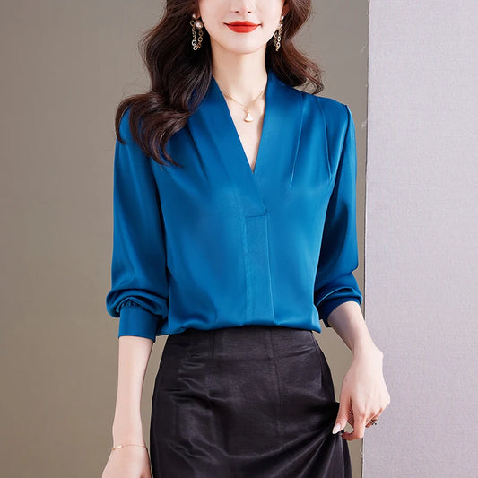 Fashion Woman Blouse 2023 Elegant and Youth Woman Blouses V-neck Silk Women's Autumn Clothing Vintage Shirt Solid OL Womens Tops