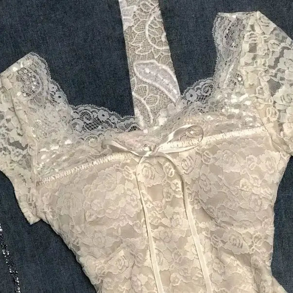 Lace Slim T-shirt Women Vintage Sweet Crop Top Fairy Harajuku Korea Y2k 2000s Hot Girl Short Sleeve Elegant Bow Sexy Summer Tees