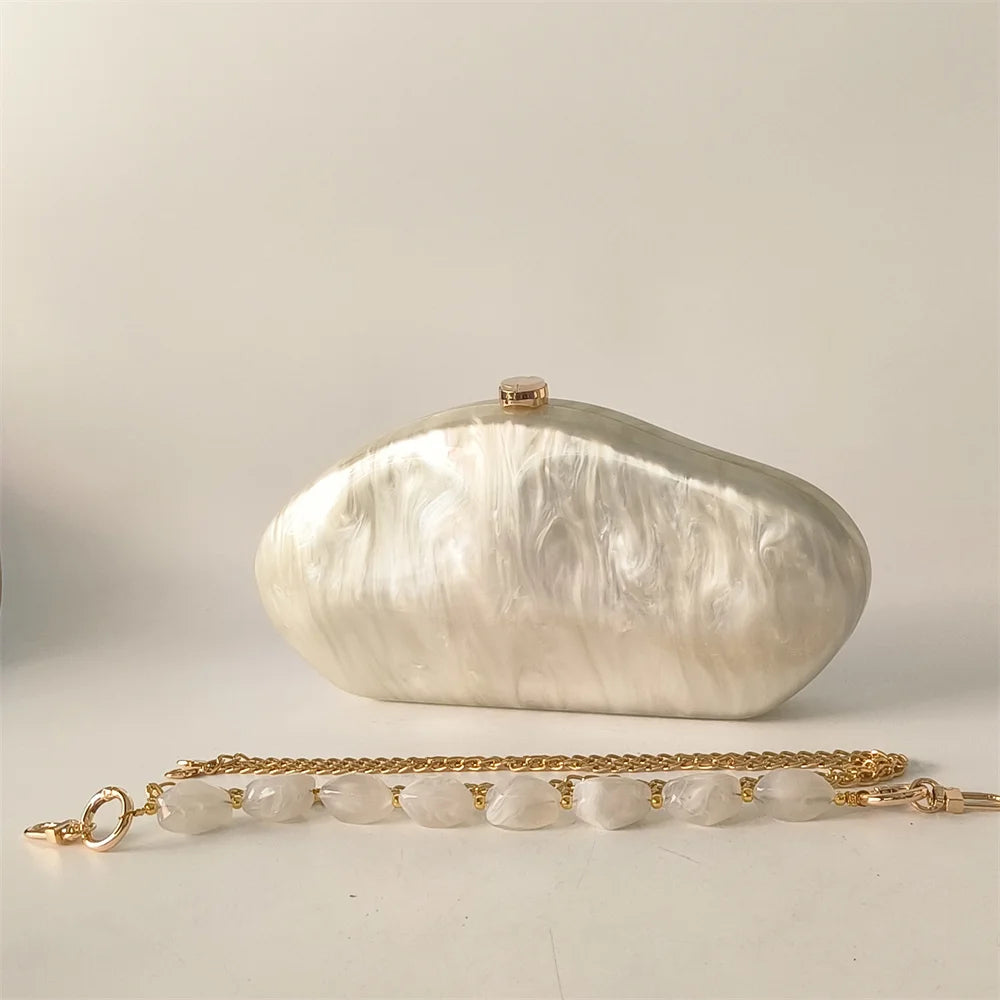Luxury Elegant Evening Bags Beige Ivory Handmade Shell Purse European American Fashion Shoulder Bags Box Acrylic Lady  Handbags