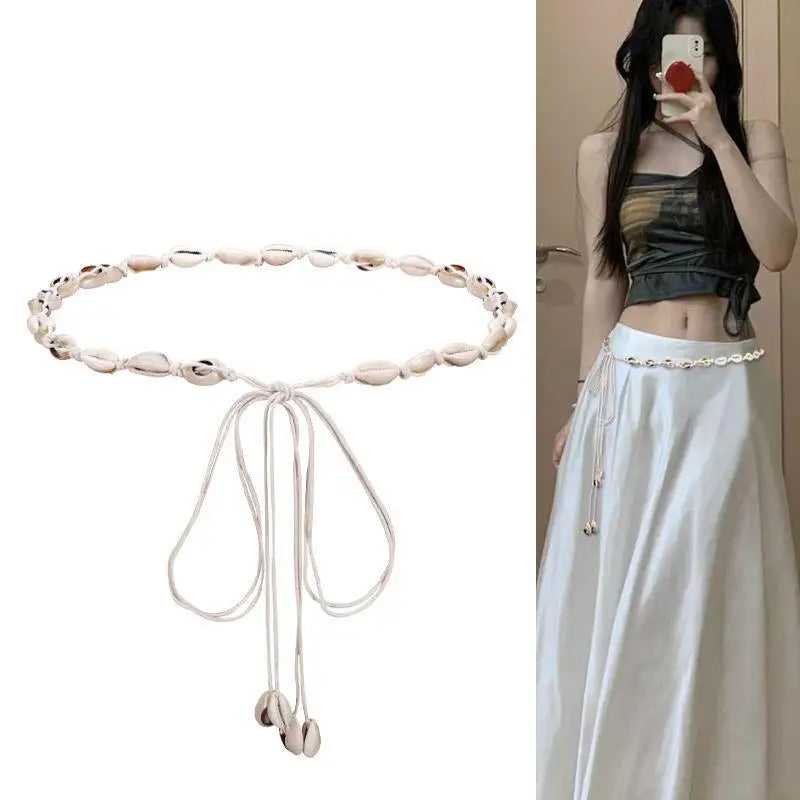 Belts For Women Knot Waistband Summer Boho Shell Bead Dress Jeans Belt Female Beach Accessory Beige Wax Cord