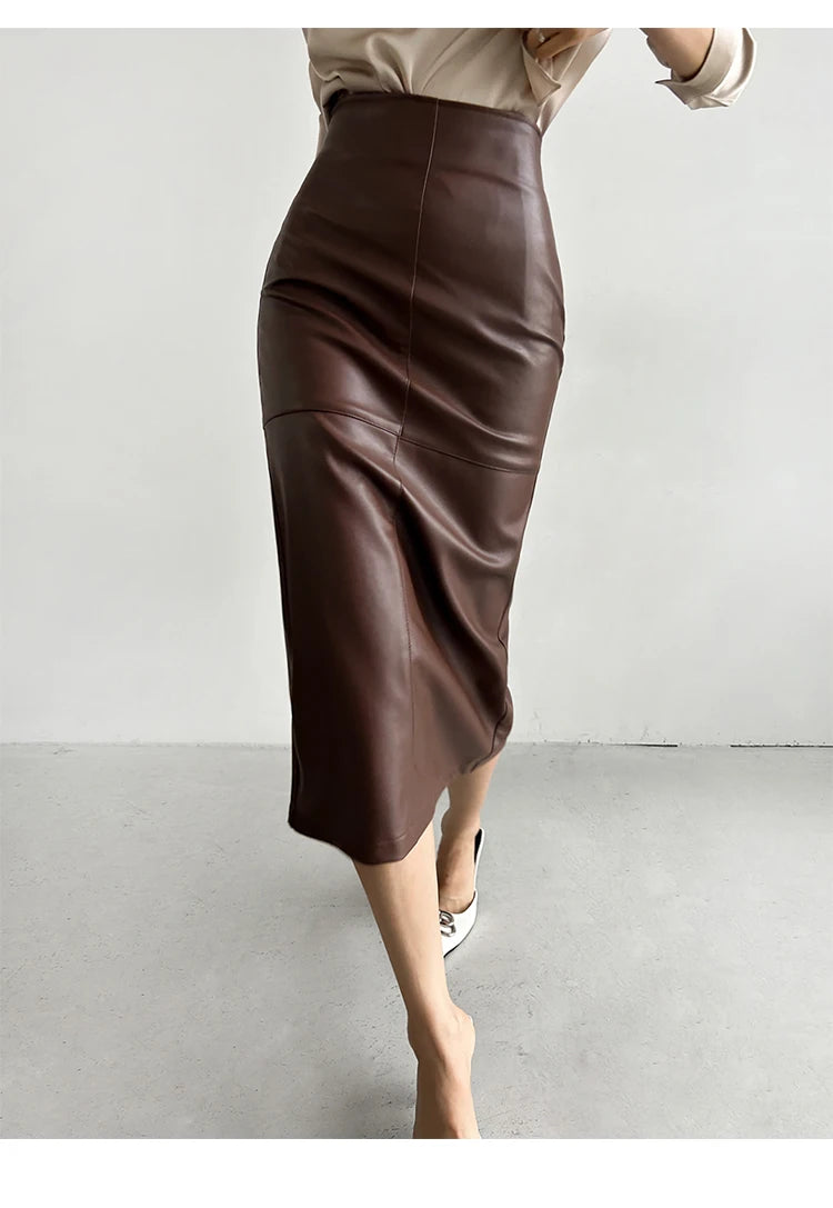 New Fashion Pu Leather Skirt Women Fashion Autumn High Waist Slim Split Wrapped Hip Pencil Skirts Elegant Office Lady Jupe