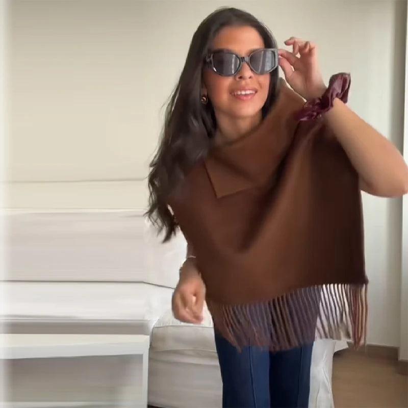 Solid Tassel Shawl for Women High Neck Sleeveless Soft Cape Top Irregular Hem Losse Cloak Jacket 2025 New Autumn Lady Shawls