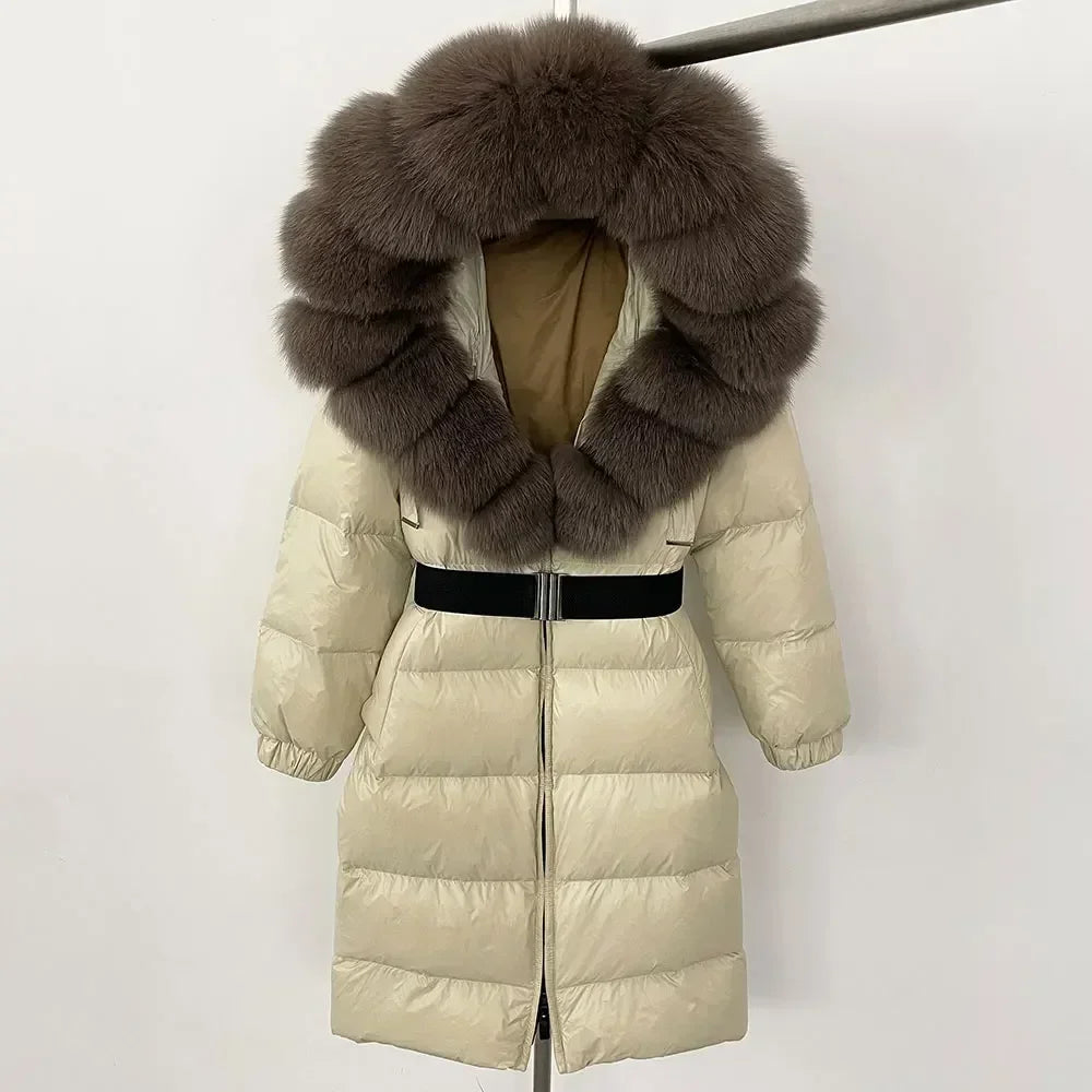 90% White Duck Down Coat New Natural Thick Warm Long Winter Jacket Women Real Big Fox Fur Collar Belt Loose Puffer Parka