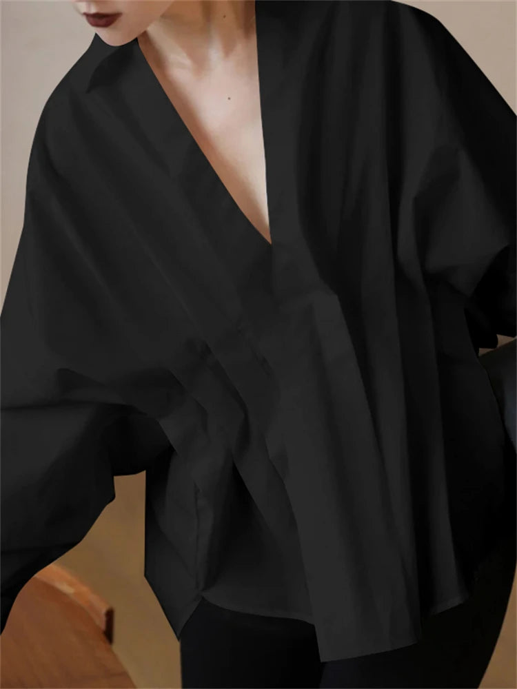 UOOZEE White Blouse For Women 2025 New Spring Fashion V-neck Solid Color Long Sleeves Loose Pleated Casual Shirts Tops