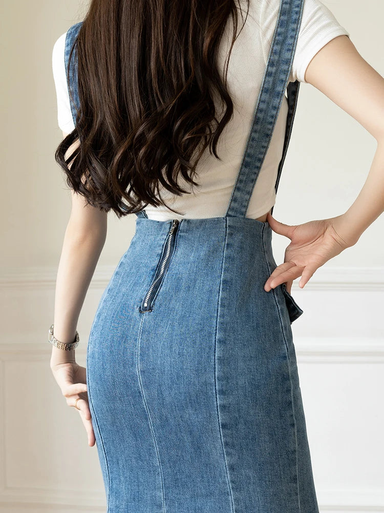 Elegant Casual Denim Jean Skirt for Women's High Waist Bodycon Ruffles Fishtail Skirts Fashion Trumpet Midi Length Skirts Female