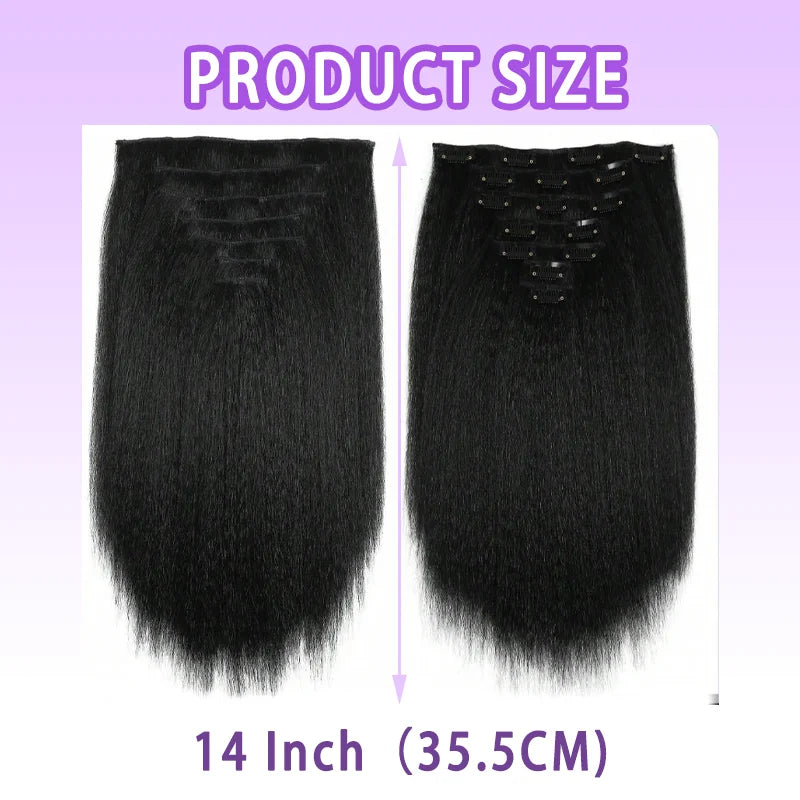 Kinky Straight Clip in Hair Extensions 14 Inch for Women Full Head Yaki Straight Seamless Clip in Synthetic Hair