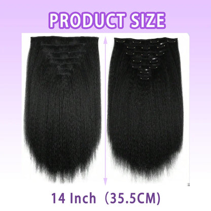 Kinky Straight Clip in Hair Extensions 14 Inch for Women Full Head Yaki Straight Seamless Clip in Synthetic Hair