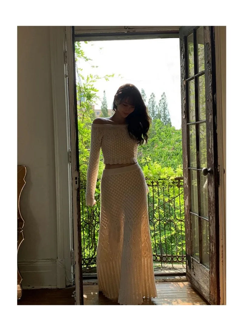 Women's Knitted Sweater Skirt Two-Piece Suit New Sexy Hollow Off-Neck Long Sleeve Sweater Skirt Suit