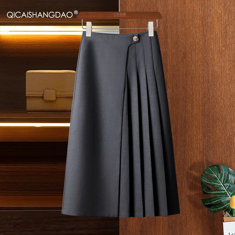 Business Style Mid-length Women' Pleated Skirt High Waist A-line Asymmetrical Office Ladies Work Casual Skirts
