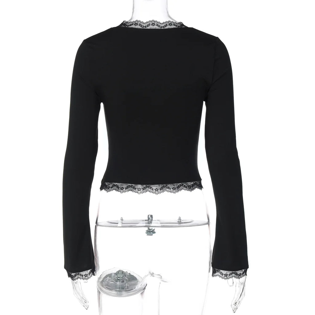 FDYOUI Lace Patchwork Long Sleeve T-shirts Streetwear Y2K Woman Clothes Casual Fashion Square Collar Slim Pink Tee Shirt Tops