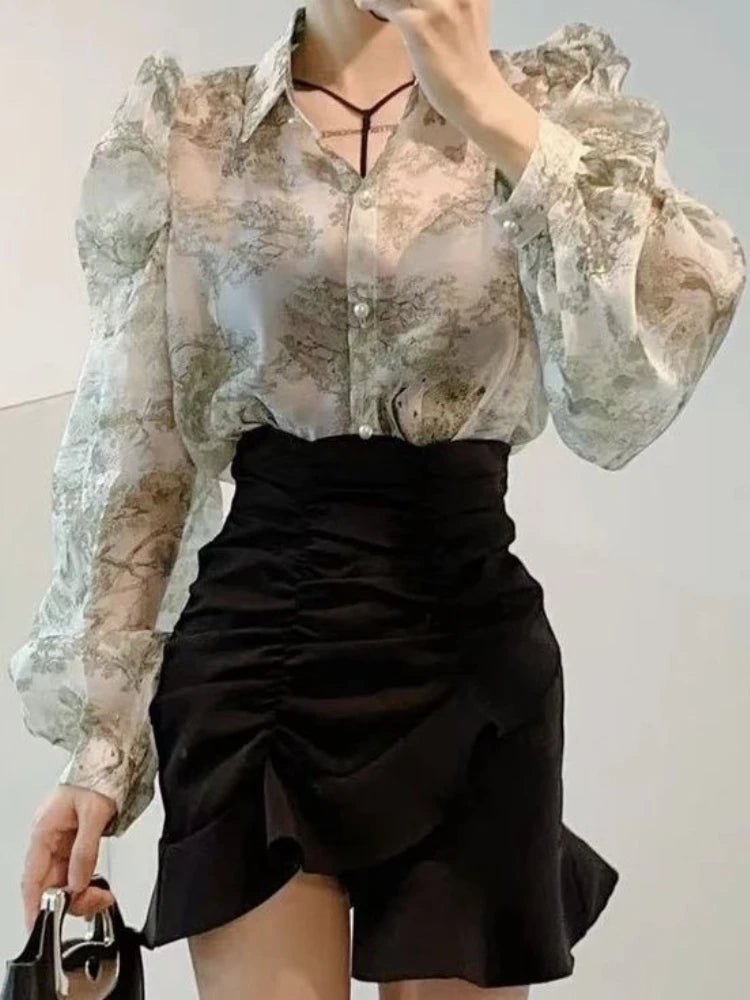 2023 Blusas Mujer De Moda Floral Sweet Blouses for Women Loose Puff Sleeve Turn Down Collar Shirts Summer Vintage Elegant Tops