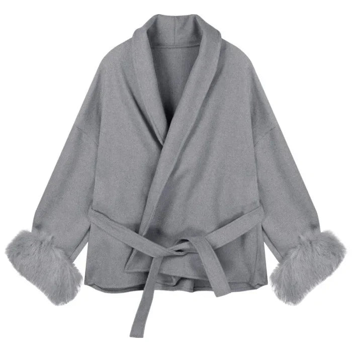 Slimming Thin Woolen Coat with Belt And Fur Sleeves for Women Trendy Autumn Winter Outerwear Elegant High-End Feeling