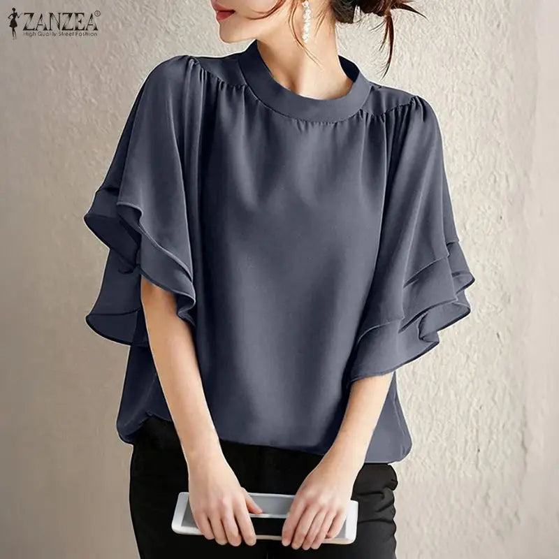 Women Blouse ZANZEA Elegant Office Lady Ruffled Shirts Half Sleeve Solid Casual Fashion Tops 2025 Summer OL Blusas Femininas