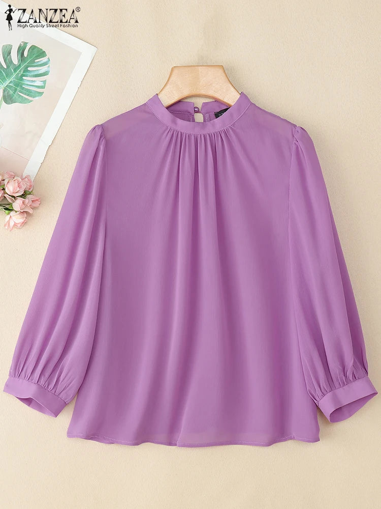 Elegant Women Work OL Blouses 2025 ZANZEA Summer Autumn Shirts Stand Neck 3/4 Sleeve Solid Blusas Female Tunic Chemise Oversize