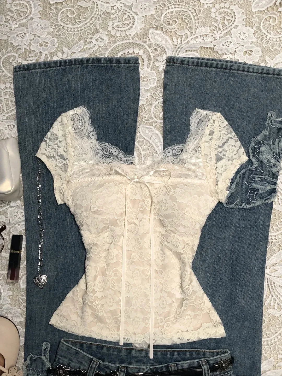 Lace Slim T-shirt Women Vintage Sweet Crop Top Fairy Harajuku Korea Y2k 2000s Hot Girl Short Sleeve Elegant Bow Sexy Summer Tees