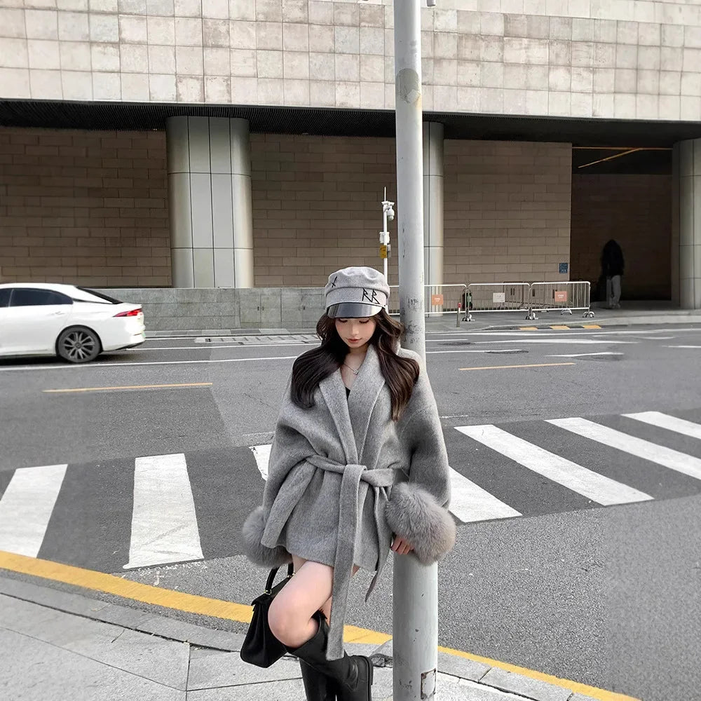Slimming Thin Woolen Coat with Belt And Fur Sleeves for Women Trendy Autumn Winter Outerwear Elegant High-End Feeling