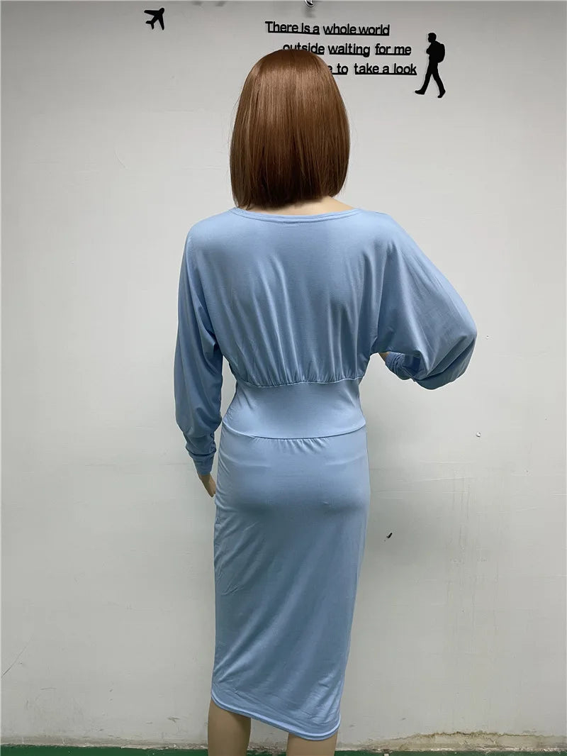 Women Elegant Office Lantern Sleeve Party Dresses Ladies O Neck Bodycon Dress Autumn Winter Solid  Midi Dress 2024 Vestidos