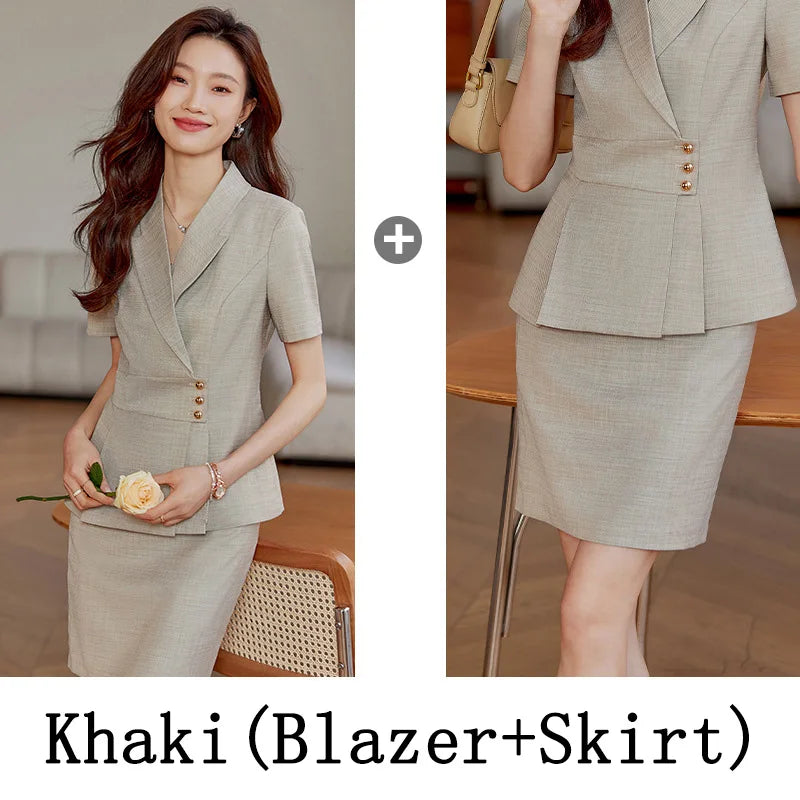 High End Office Ladies Formal Skirts Suits Women Summer 2024 New Korean Fashion Solid Long Sleeve Blazer Trousers 2 Piece Set