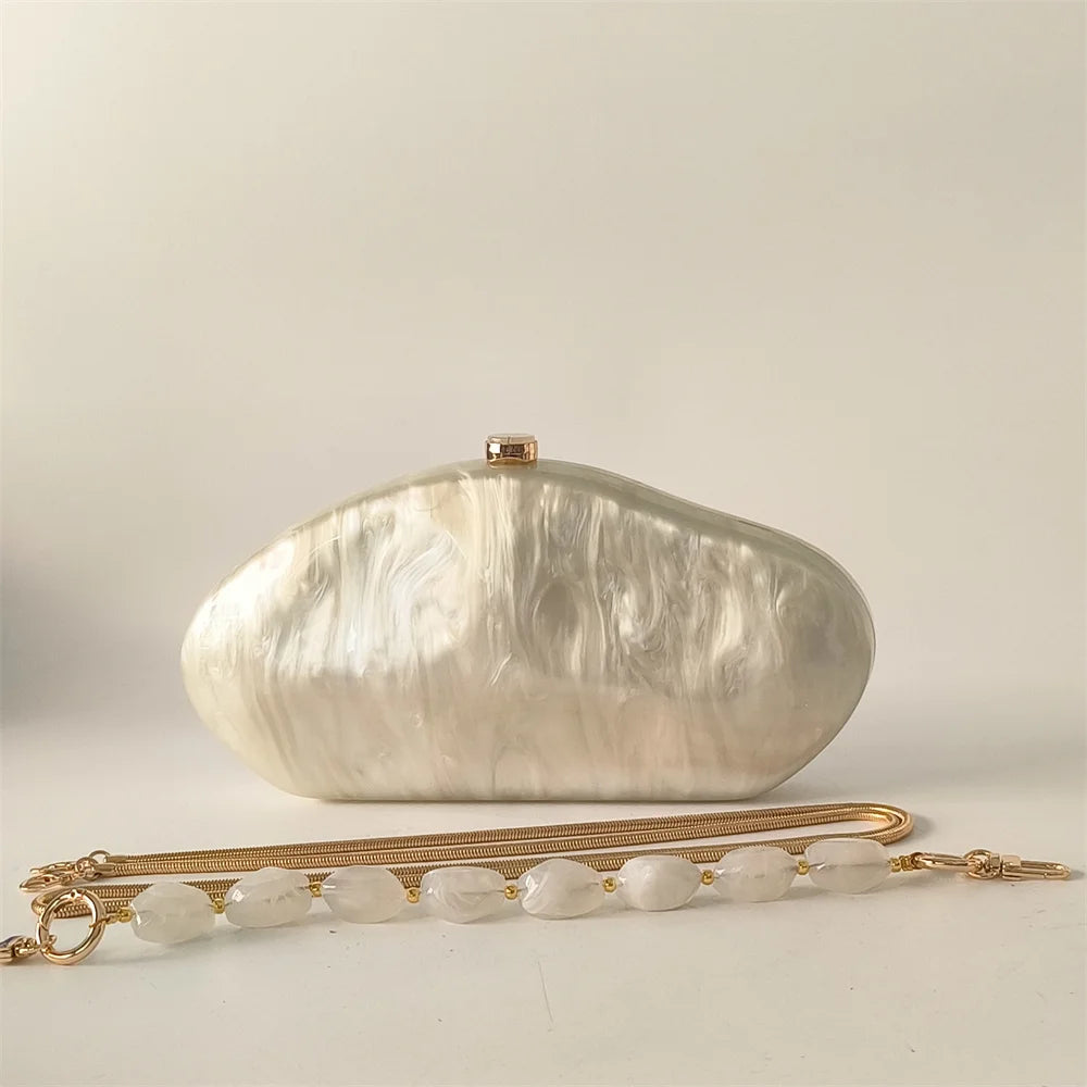 Luxury Elegant Evening Bags Beige Ivory Handmade Shell Purse European American Fashion Shoulder Bags Box Acrylic Lady  Handbags