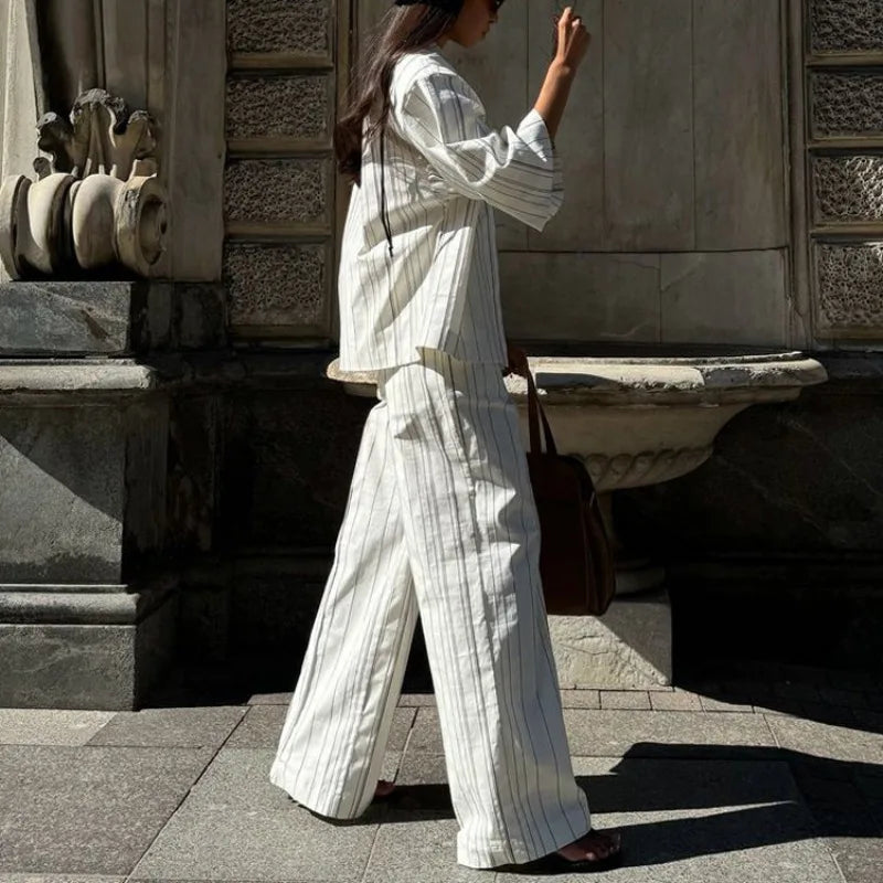 Elegant Women 2 Piece Pajama Set Striped Long Sleeve Button Down Shirt and Straight Leg Pants Loungewear