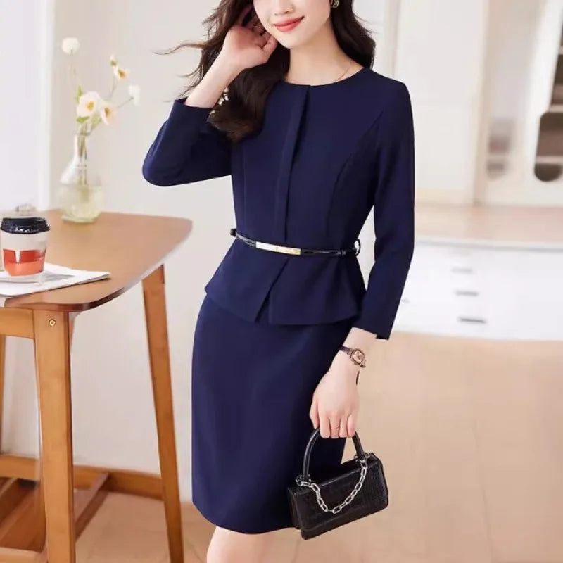 Women's Professional Dresses Suits, Women's Slim Temperament, Hip Dress Skirts, Hosts, Hotel Office Lady Overalls with Belt