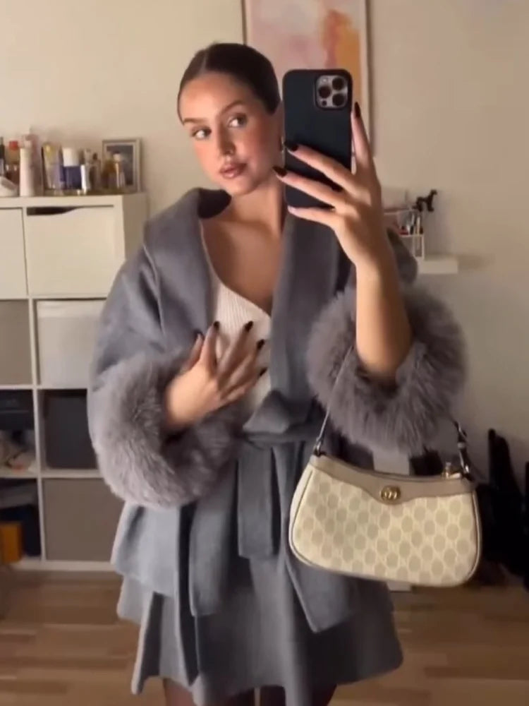 Solid Faux Fur Patchwork Woolen Coat Women Elegant Lace Up Lapel Long Sleeve Short Jacket Lady 2025 Winter Daily Street Outwear