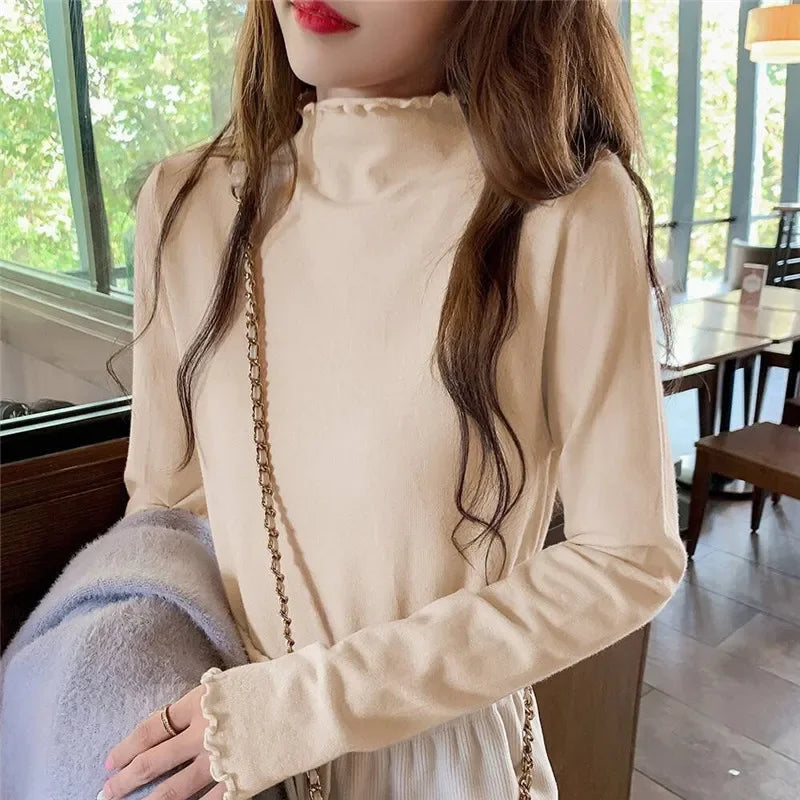 2025 Autumn and Winter Women Blouse Long Sleeve Solid Slim Turtleneck Fleece Versatile Tops Tees Female