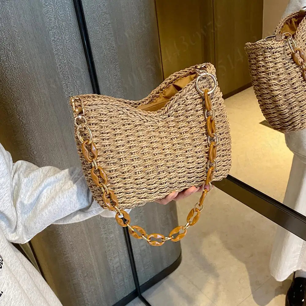 Straw Purse for Women with Chain Woven Shoulder Bag Zipper Underarm Bag Large Capacity Clutch Purse for Travel Vacation