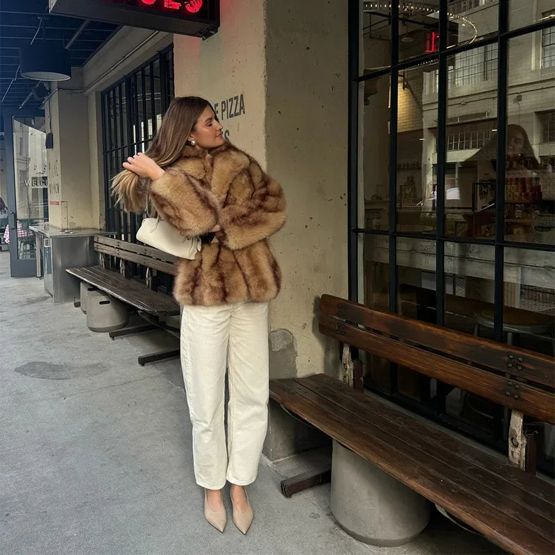 Street Faux Fur Women Coat Urban Full Sleeve Lapel Panelled Pocket Female Outwear 2025 Autumn Winter Elegant Lady Outwear
