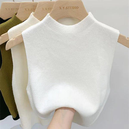 Women's Vest Tank Top Solid Color Knitted Tees Cropped Camisole Sweater Half-turtleneck Spring Autumn Sleeveless топ женский
