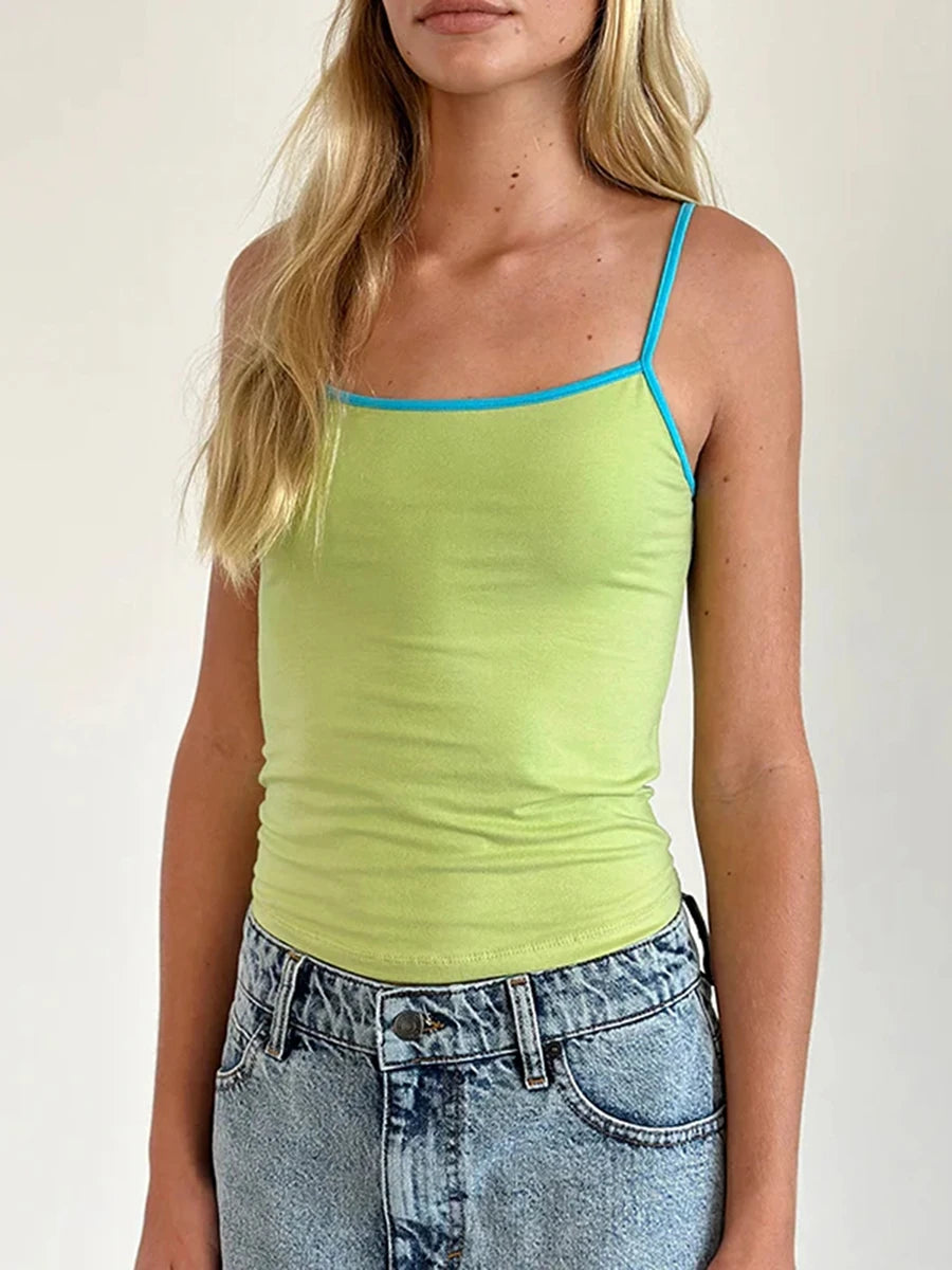 Women Spaghetti Strap Tank Top Scoop Neck Contrast Trim Crop Cami Top Y2K Aesthetic Sleeveless Fitted Basic Tops Streetwear