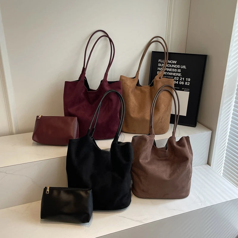 2pcs/set  Women Tote Bags Work Bags Suede Slouchy Bag Hobo Handbag Tote Handbag Suede Shoulder Bag Solid Color Commuting Bag