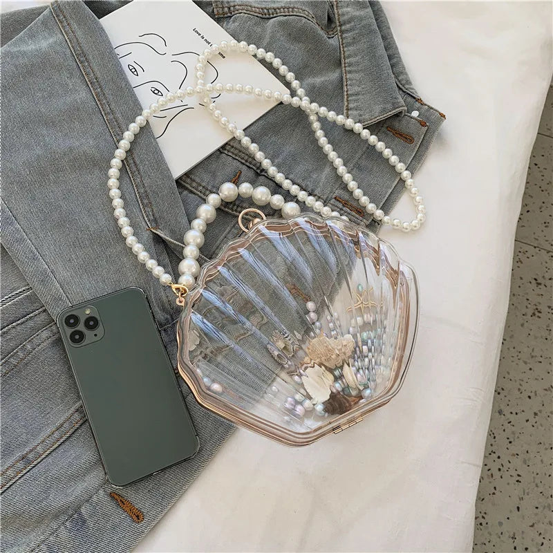 Evening Bags for Women 2023 New Transparent Shell Bag Clutch Box Handbags Pearl Chain Crossbody Bag Acrylic Purse Shoulder Bag