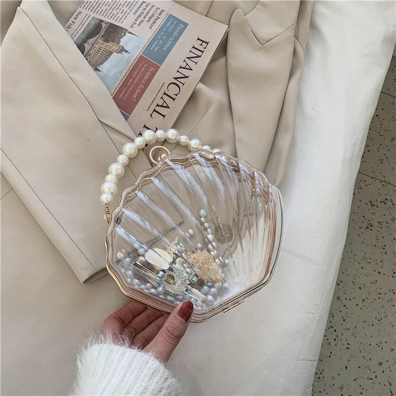 Evening Bags for Women 2023 New Transparent Shell Bag Clutch Box Handbags Pearl Chain Crossbody Bag Acrylic Purse Shoulder Bag