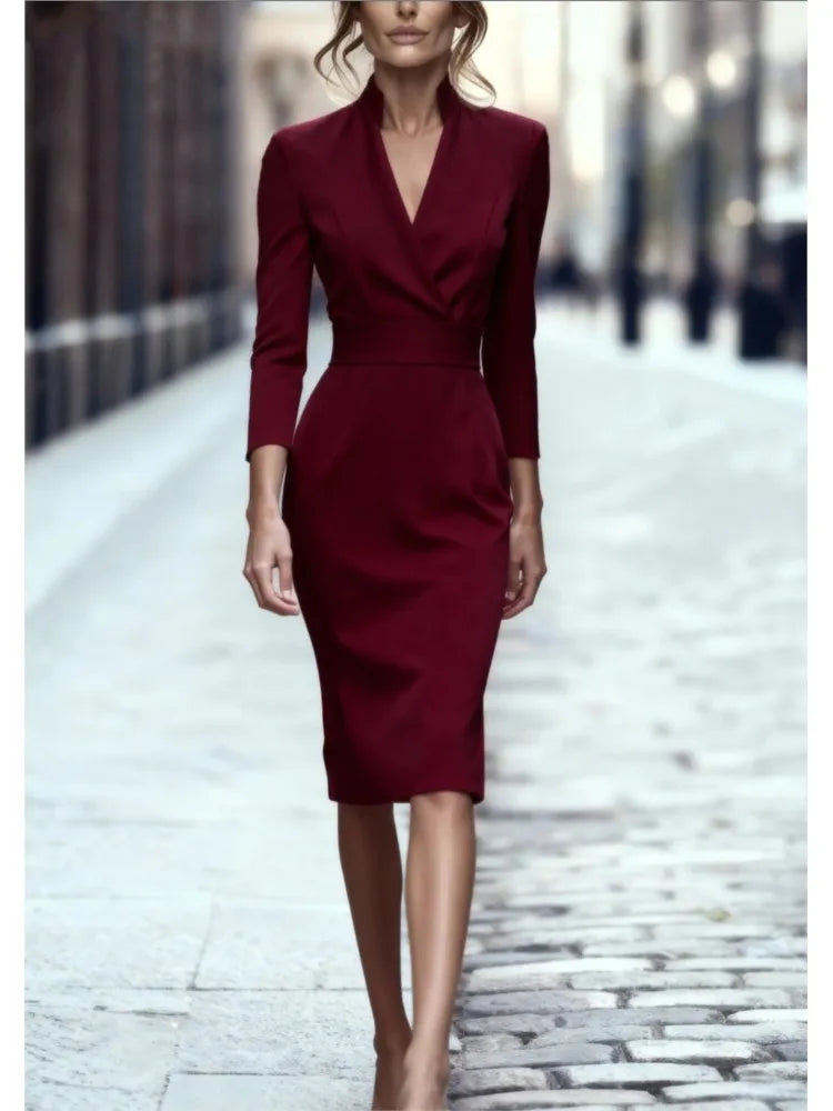 Women's Slim Long Sleeve One Step Office Black Dress Autumn New Fashion Stand Collar Waist Cover Hip Female  Burgundy Dress 2025