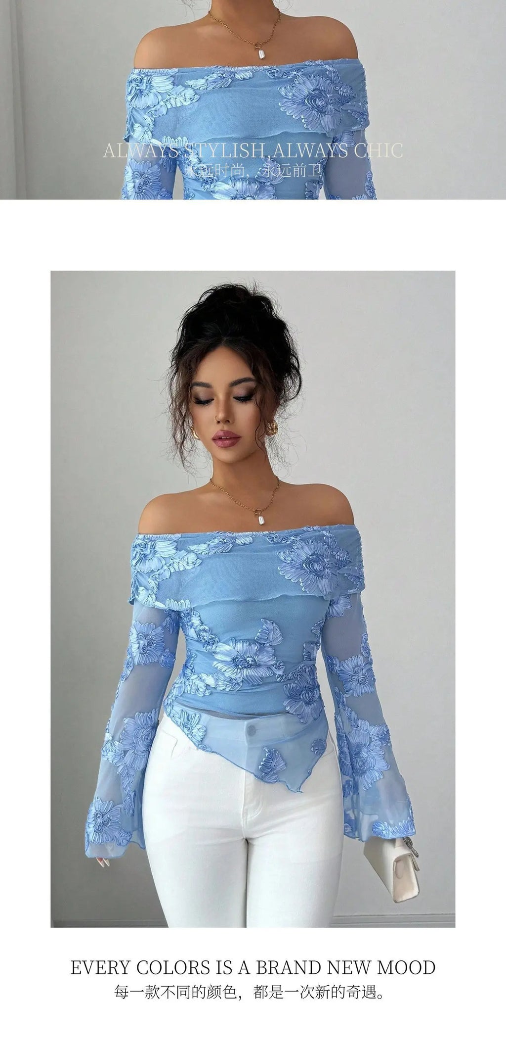 Versatile And Stylish Top For Women T Shirt One-shoulder Collar Flared Sleeves And Asymmetrical Hem Embroidery