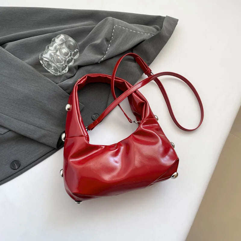 Black Half Moon Underarm Bag For Women Luxury Studded Beading Handbags Red Purse Solid Color Pu Leather Shoulder Crossbody Bags