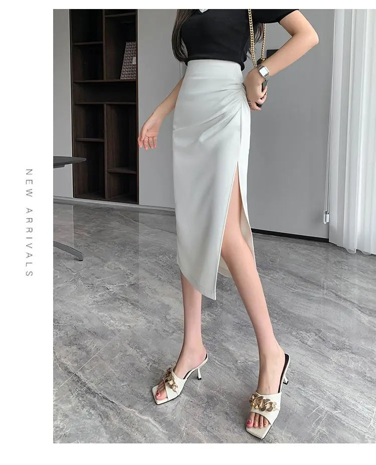 Slit Pleated Skirt for Women 2025 Summer New High-waist Slim Mid-length Versatile A-line Skirt