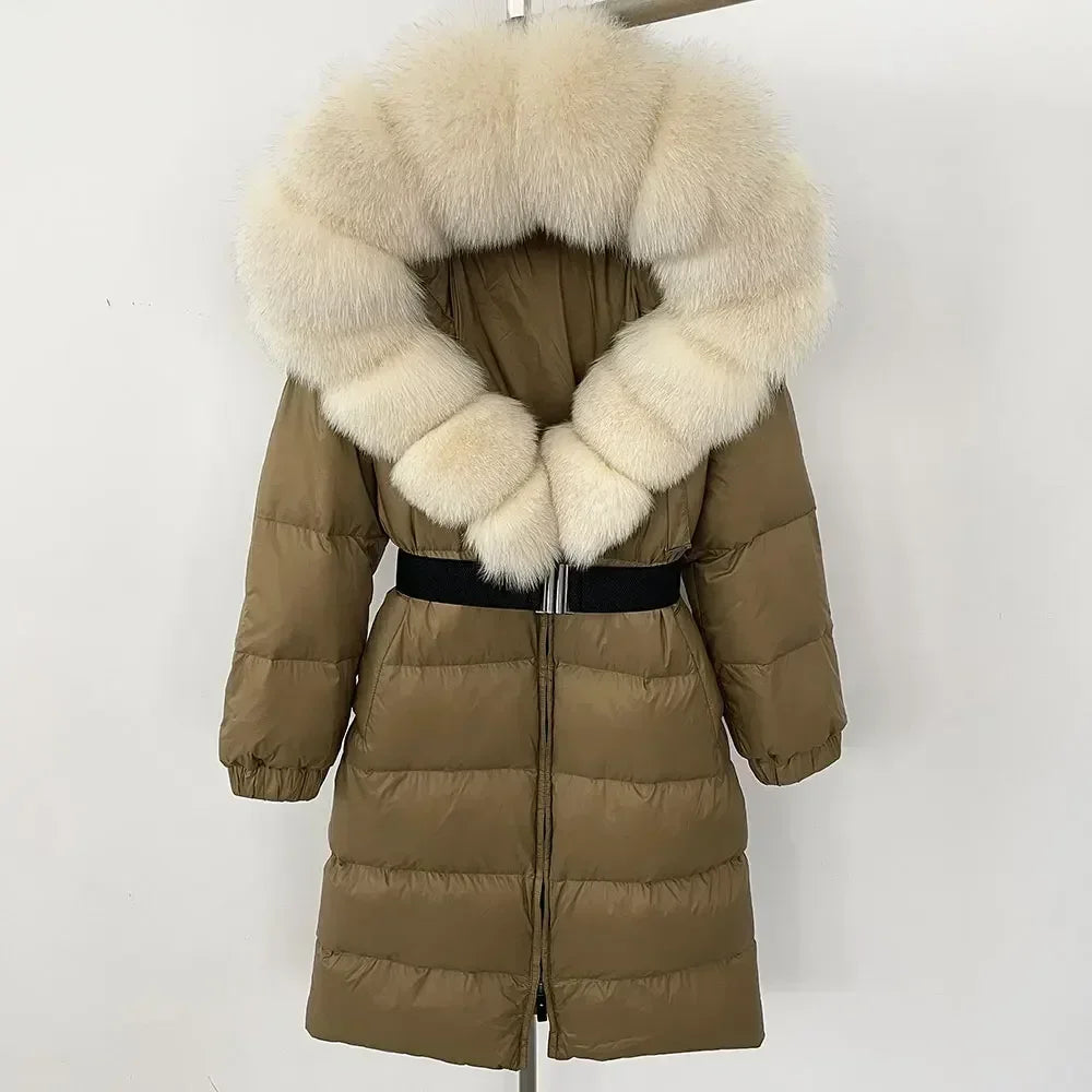 90% White Duck Down Coat New Natural Thick Warm Long Winter Jacket Women Real Big Fox Fur Collar Belt Loose Puffer Parka