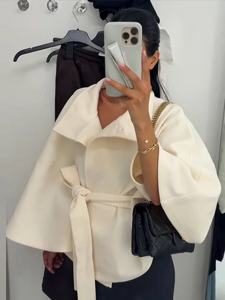 Elegant Lace Up Loose Fit Cape Coat Women's Autumn Winter Oversized High Neck Belted Wrap Jacket Fashion Warm Outerwear Outfit