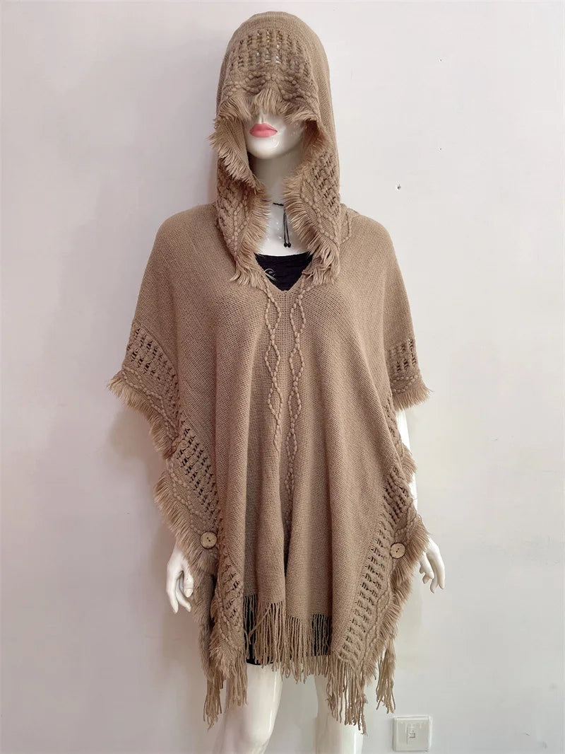 Hooded Crochet Cloak Poncho Shawl - Boho Chic Fringed Knit Wrap for Women, Spring-Autumn Versatile Outerwear