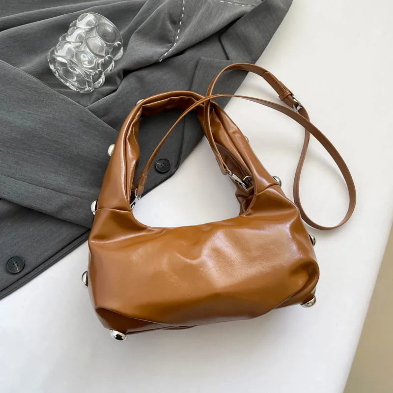 Black Half Moon Underarm Bag For Women Luxury Studded Beading Handbags Red Purse Solid Color Pu Leather Shoulder Crossbody Bags