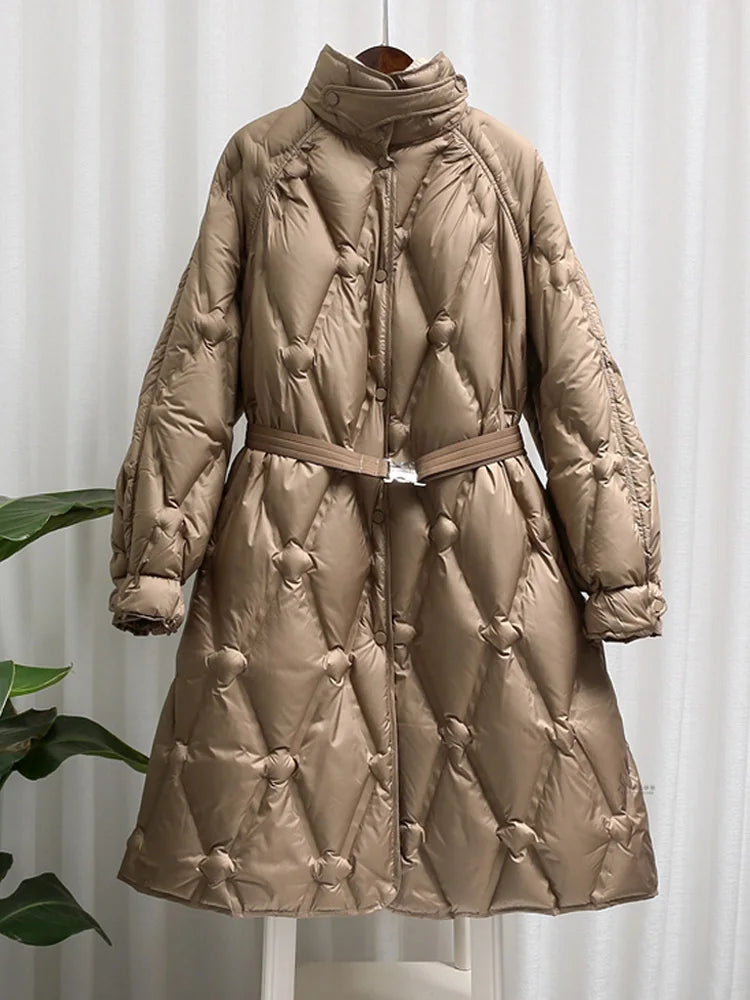 Janveny Ultra Light Women's Long Puffer Jacket Female Feather Parkas Lightweight Slim 90% Duck Down Coat With Belt Waterproof