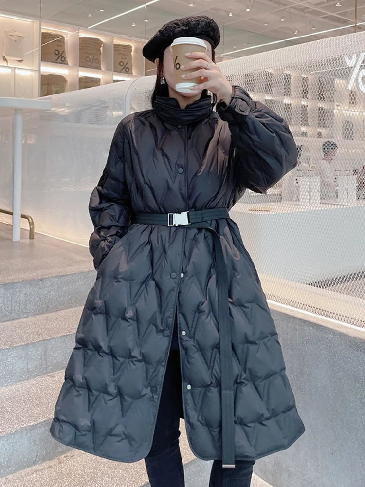 Janveny Ultra Light Women's Long Puffer Jacket Female Feather Parkas Lightweight Slim 90% Duck Down Coat With Belt Waterproof