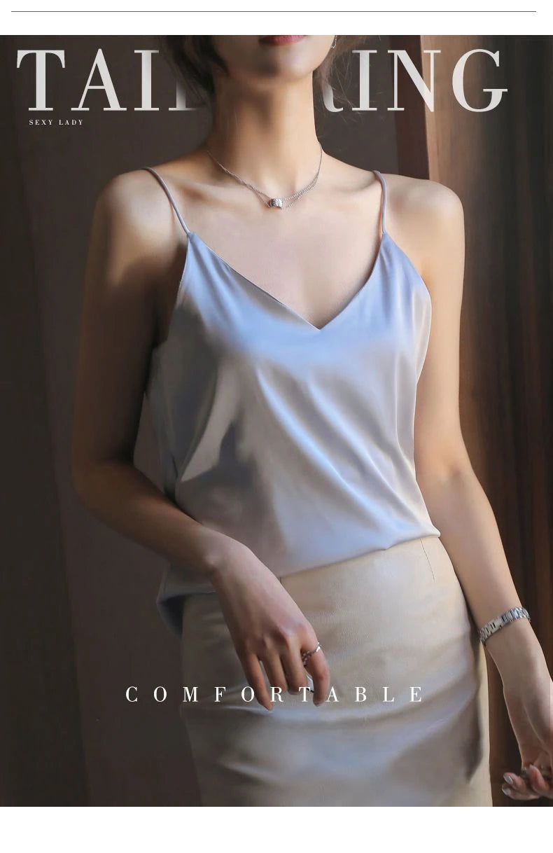 Spaghetti Strap Top Women Halter V Neck Basic White Cami Sleeveless Satin Silk 2025 Tank Tops Women'S Summer Camisole