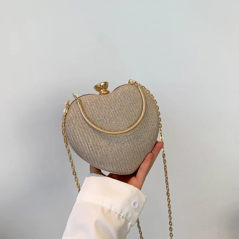 Evening Clutch Bag Women Bag Shiny Handbag Heart Shape Metal Clutches Bag Fashion Chain Shoulder Crossbody Bag Luxury Lady Purse