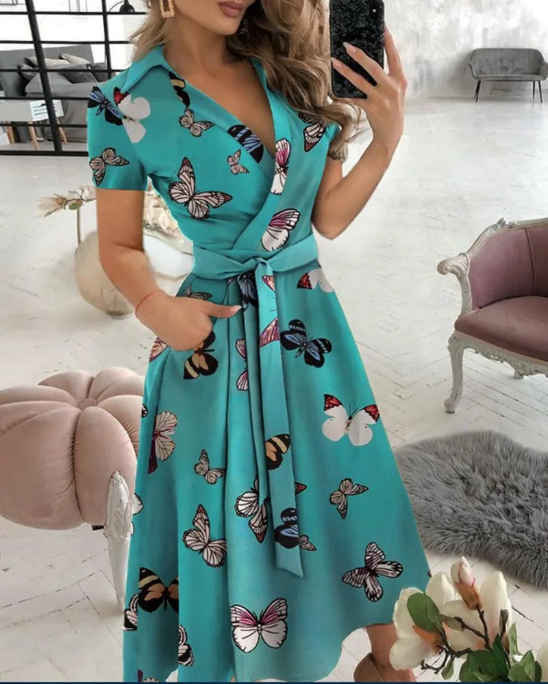 Women's Spring/Summer Fashion Long sleeved V-neck Printed Wrapped Hip Dress Women's loose and versatile temperament  personality